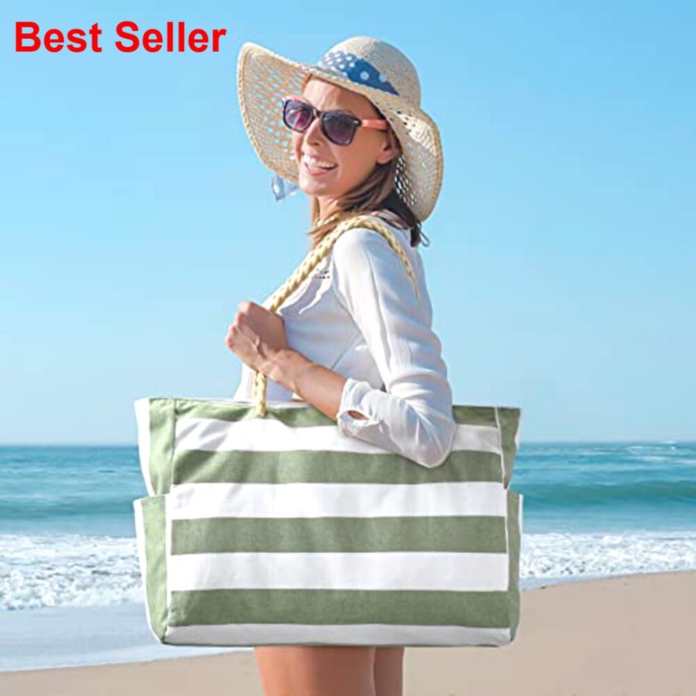Large Waterproof Beach Tote Bag with Zipper Closure Extra Capacity - Picture 3 of 7